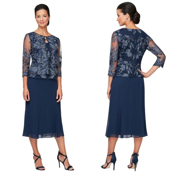 NWT Alex Evenings Navy Tea Length Mother Of The Bride Evening Dress 16 81122421 - Picture 2 of 10